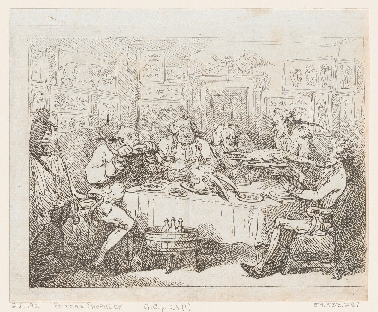 सर जोसेफ बैंक्स अबाउट टू ईट एन एलीगेटर 'द फिश सपर', 1788 या बाद में, 1788 या बाद में। द्वारा थॉमस रोलैंड्सन