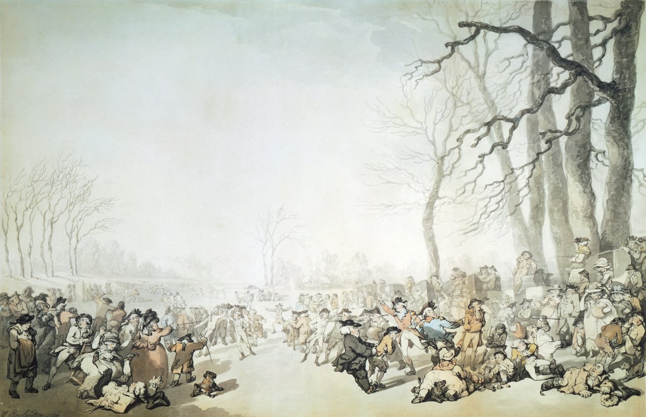 सर्पेन्टाइन पर स्केटर्स, सिटी ऑफ़ वेस्टमिंस्टर, लंदन, 1786। द्वारा थॉमस रोलैंड्सन