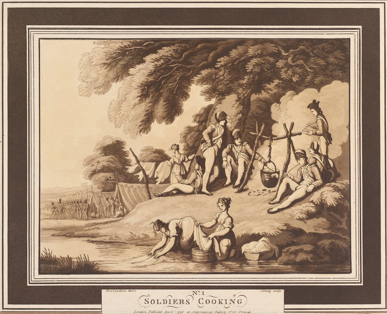 'सोल्जर्स कुकिंग', c.1798 (एक्वाटिंट, सीपिया) द्वारा थॉमस रोलैंड्सन