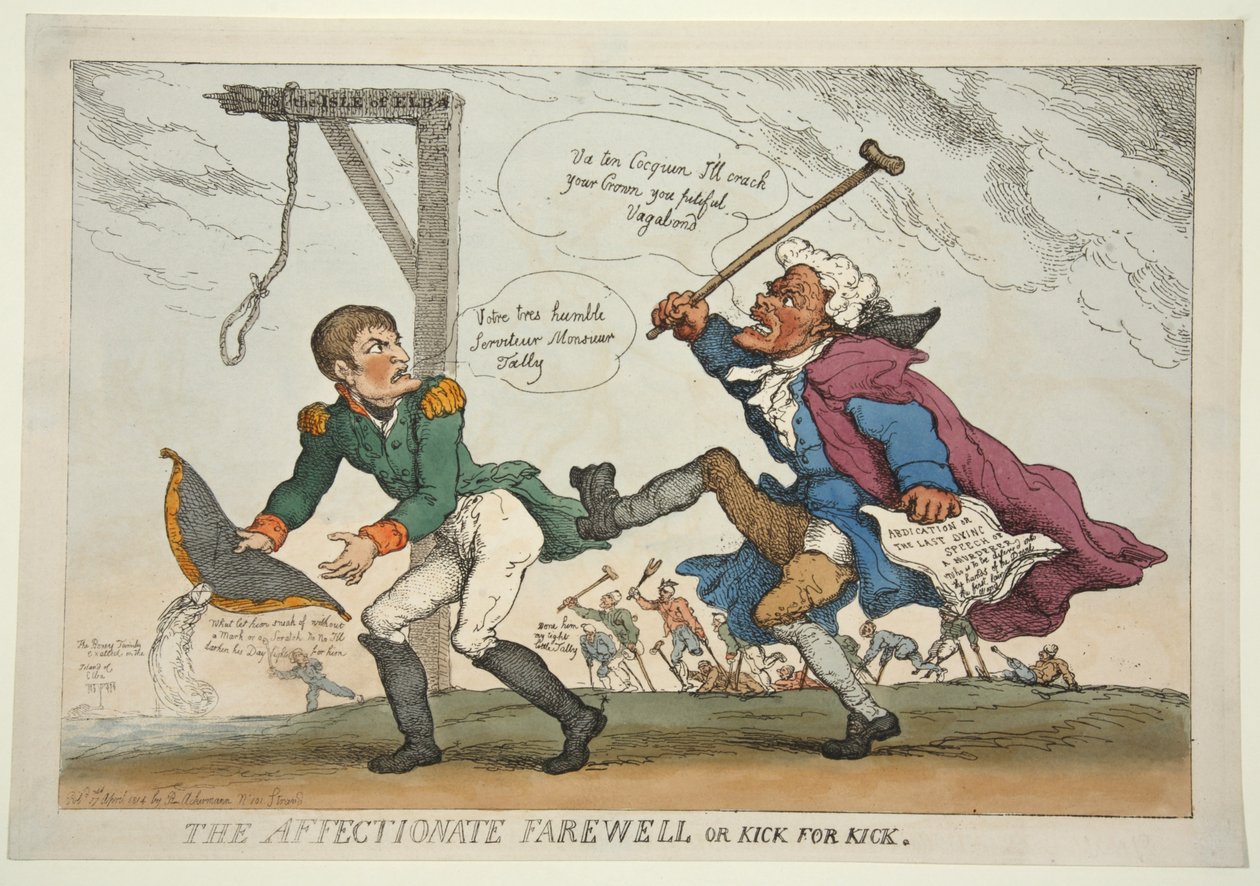 द एफेक्टेट फेयरवेल या किक फॉर किक, पब। 1814 (हाथ के रंग का उत्कीर्णन) द्वारा थॉमस रोलैंड्सन