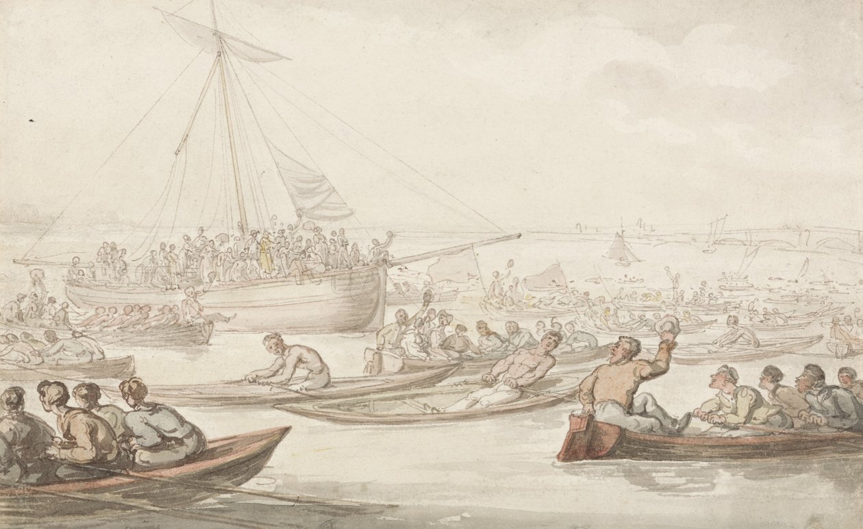 डॉगगेट के कोट और बैज के लिए वार्षिक स्केलिंग रेस, c.1805-10 (कागज पर पेंसिल, पेन, स्याही और पानी के रंग) द्वारा थॉमस रोलैंड्सन