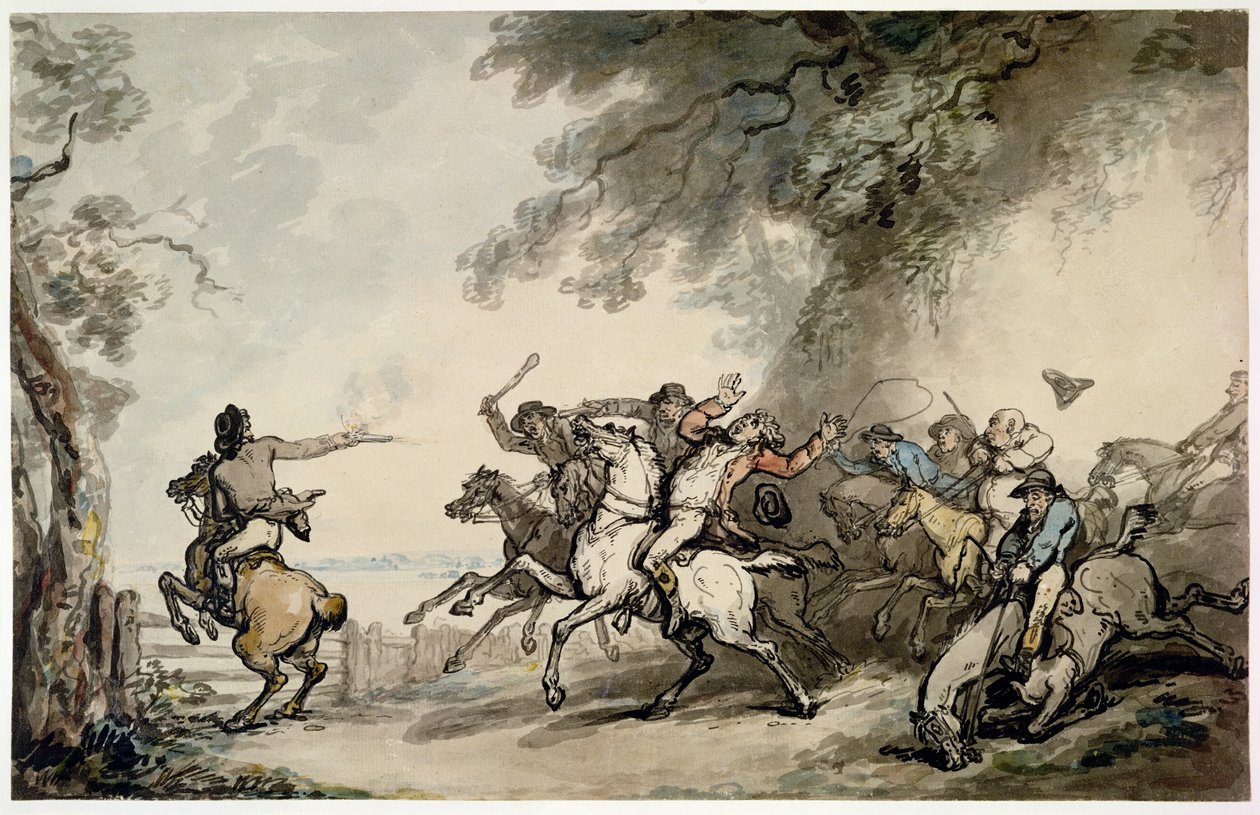 हाईवेमैन का पीछा, c.1790 (कलम, स्याही, wc और पेंसिल कागज पर) द्वारा थॉमस रोलैंड्सन