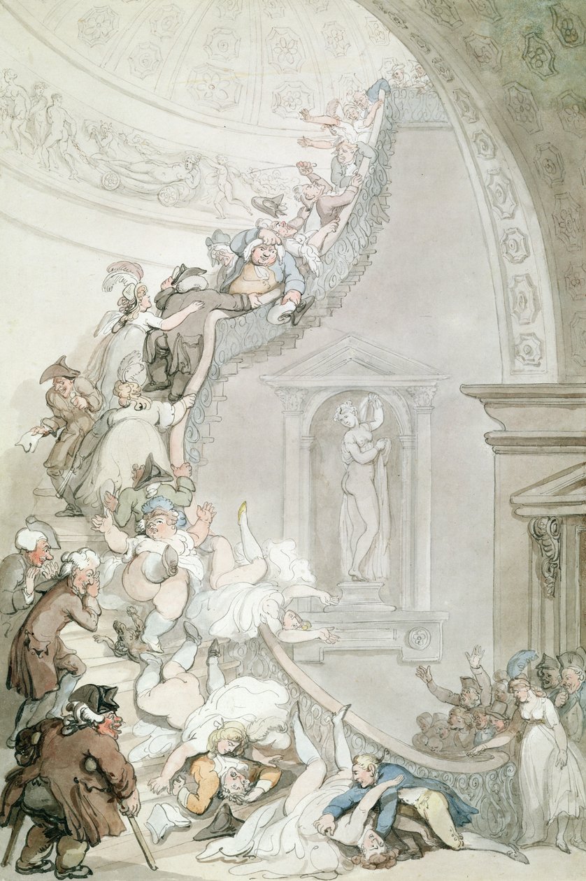 प्रदर्शनी &39;स्टेयर-केस&39;, समरसेट हाउस, c.1800 (कागज पर ग्रे और भूरे रंग के धो के साथ पानी के रंग) द्वारा थॉमस रोलैंड्सन