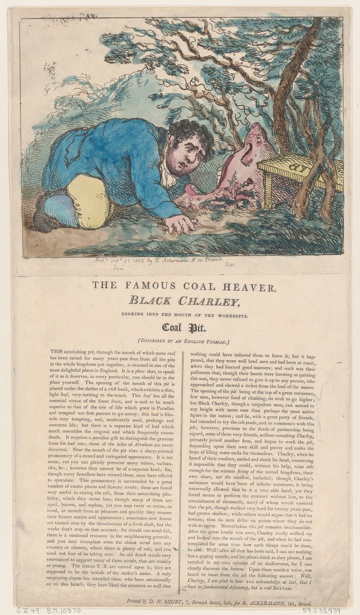 द फेमस कोल हैवर ब्लैक चार्ली लुकिंग इन द माउथ ऑफ द वंडरफुल ..., 25 फरवरी, 1805। द्वारा थॉमस रोलैंड्सन