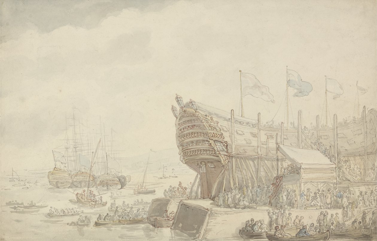 Devonport में HMS &39;Hibernia&39; की लॉन्चिंग, c.1804 (कागज पर पेन और स्याही और वॉटर कलर) द्वारा थॉमस रोलैंड्सन