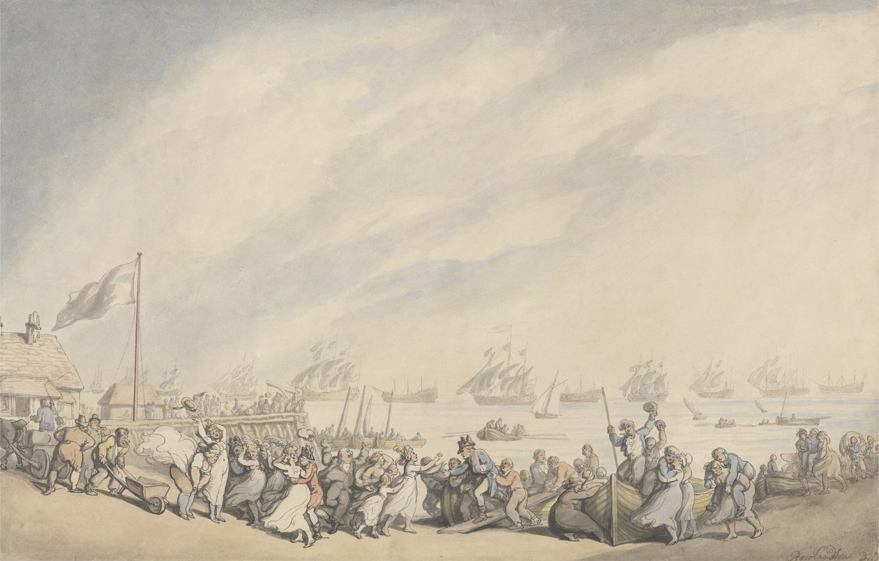 1797 में डच की हार के बाद ग्रेट यारमाउथ के लिए बेड़े की वापसी, c.1797 (कागज पर कलम और स्याही और पानी के रंग) द्वारा थॉमस रोलैंड्सन