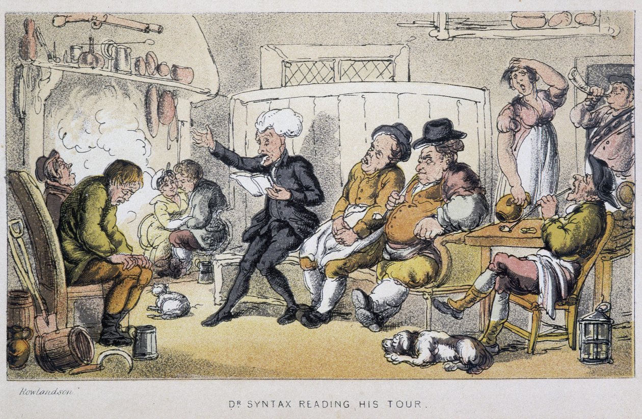 डॉक्टर जागते हुए पढ़ रहा है - "" डॉक्टर सिंटेक्स के तीन दौरों: सुरम्य सांत्वना और एक पत्नी की तलाश में "" विलियम कॉम्बे द्वारा, बीमार। रोलैंडसन द्वारा थॉमस रोलैंड्सन