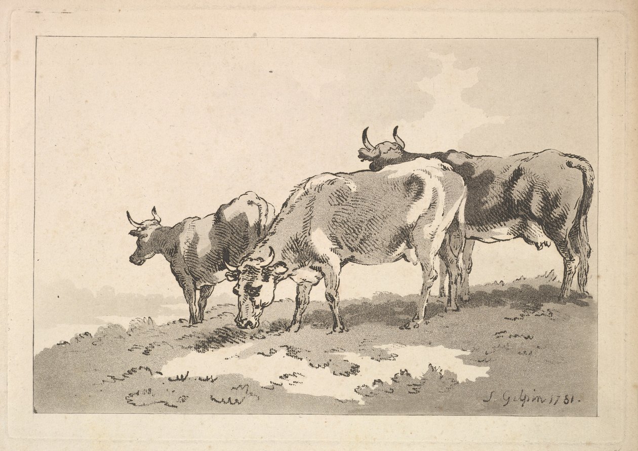 1784-87 में एक खेत की कटाई पर खड़ी तीन गायें। द्वारा थॉमस रोलैंड्सन