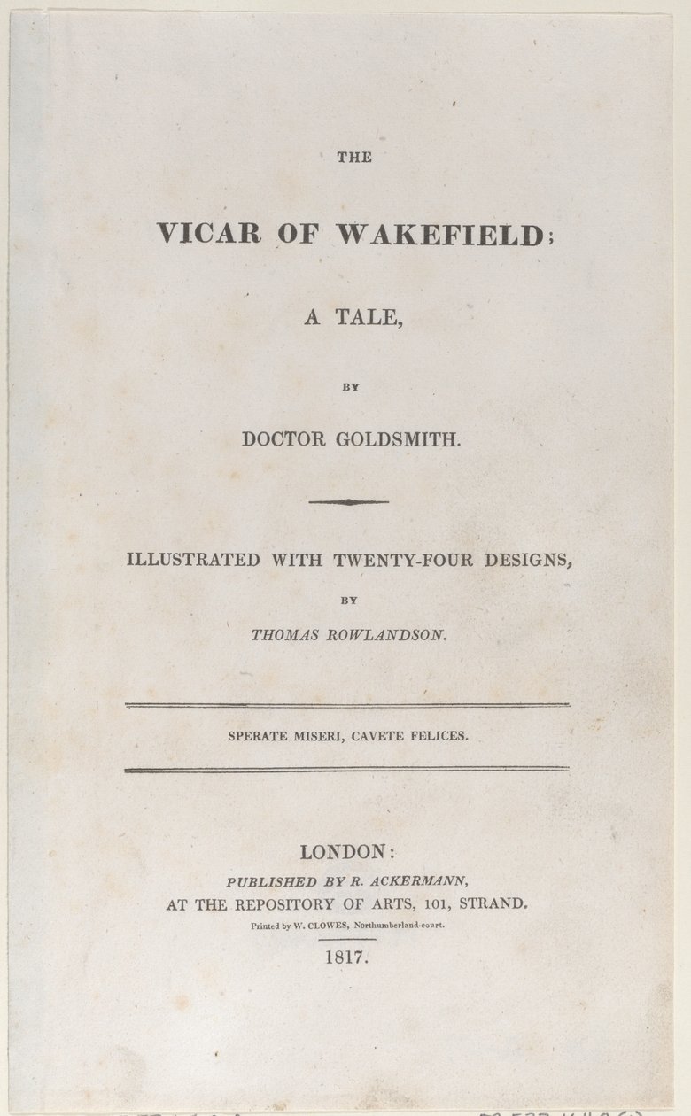 टाइटल पेज, द विकर ऑफ वेकफील्ड से, 1817, 1817। द्वारा थॉमस रोलैंड्सन
