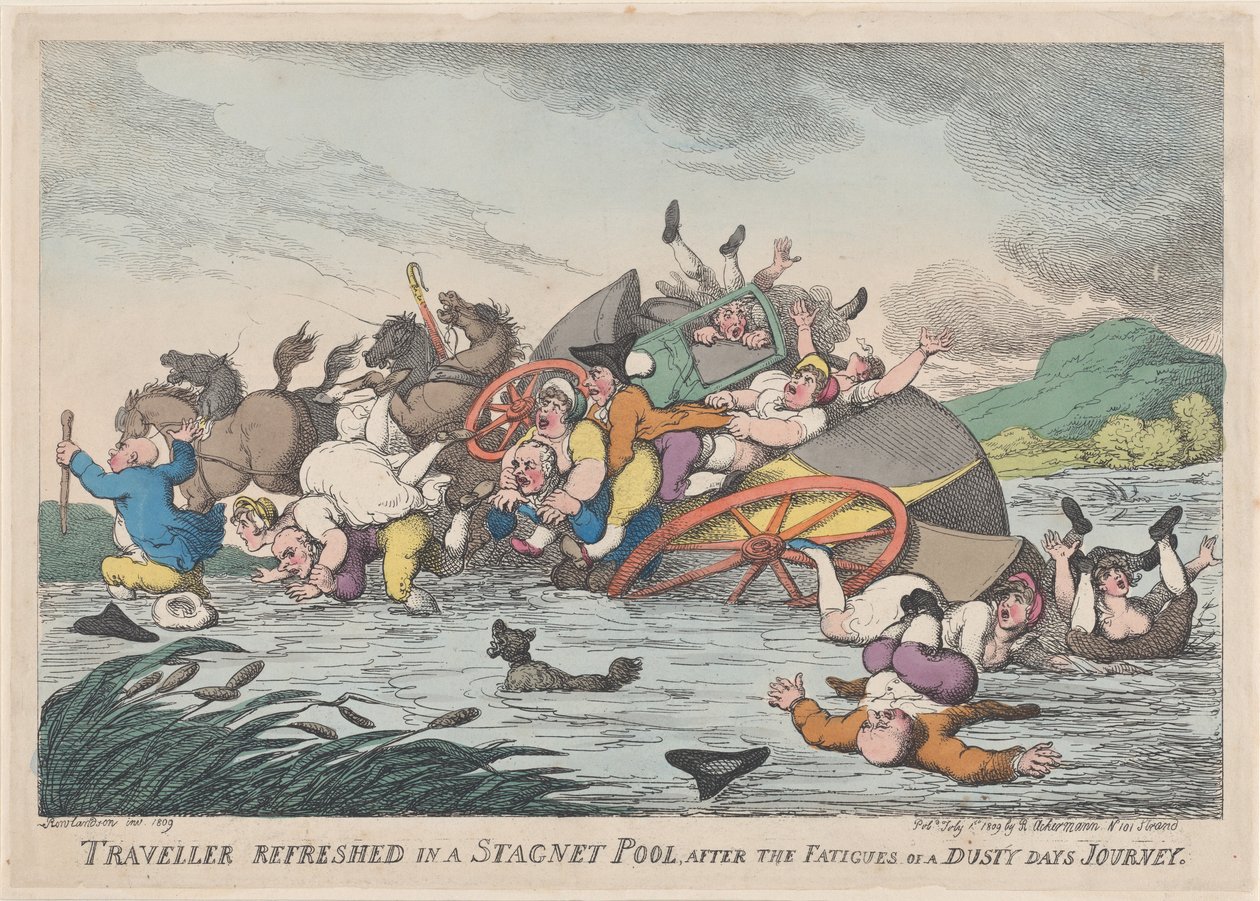 एक डस्टी की थकान के बाद एक स्टैगनेट पूल में तरोताजा यात्री..., 1 फरवरी, 1809। द्वारा थॉमस रोलैंड्सन