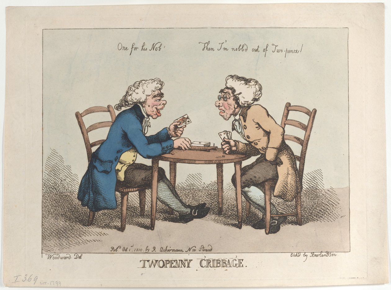ट्वोपेनी क्रिबेज, [1 अक्टूबर, 1799], 1810 को फिर से जारी किया गया।, [1 अक्टूबर, 1799], 1810 को फिर से जारी किया गया। द्वारा थॉमस रोलैंड्सन