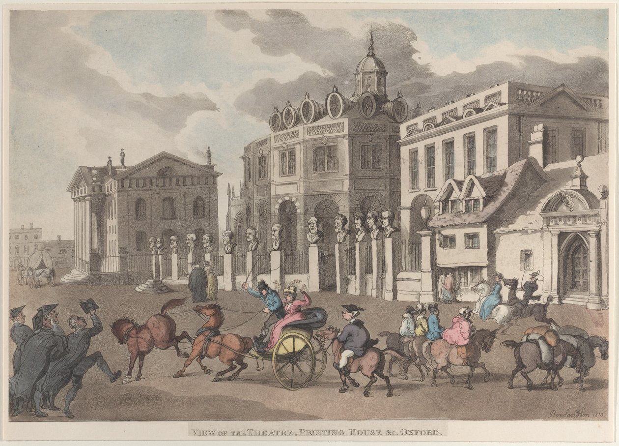 थिएटर, प्रिंटिंग हाउस और सी का दृश्य। ऑक्सफोर्ड, 1810., 1810। द्वारा थॉमस रोलैंड्सन