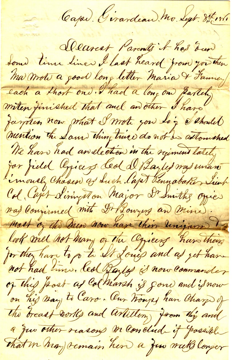 8 सितंबर, 1861 को माता-पिता को टीएस हॉली, केप गिरार्डो, मिसौरी के लिए पत्र पर हस्ताक्षर किए गए द्वारा थॉमस एस हॉली