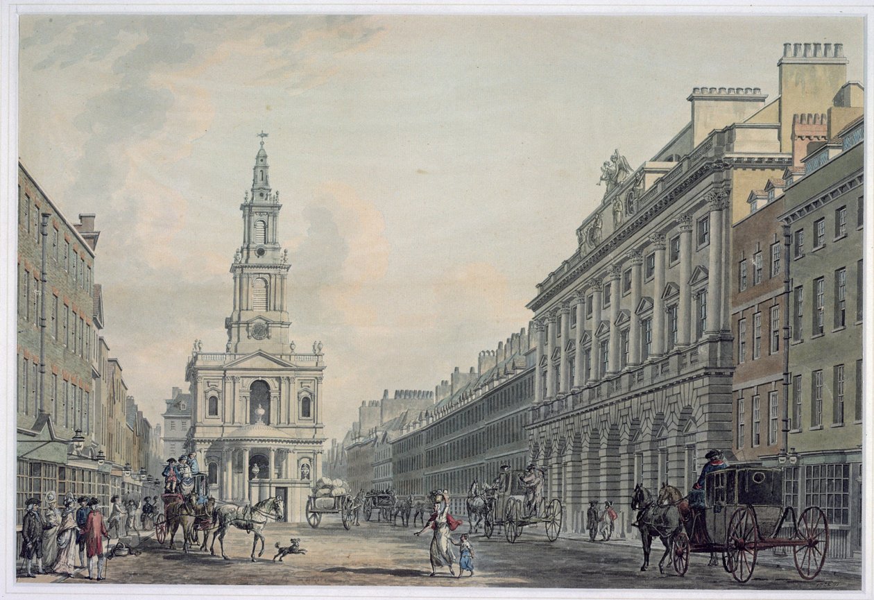 सोमरसेट हाउस और सेंट मैरी ले स्ट्रैंड के साथ स्ट्रैंड, 1781 (एक्वाटिंट) द्वारा थॉमस Snr। Malton