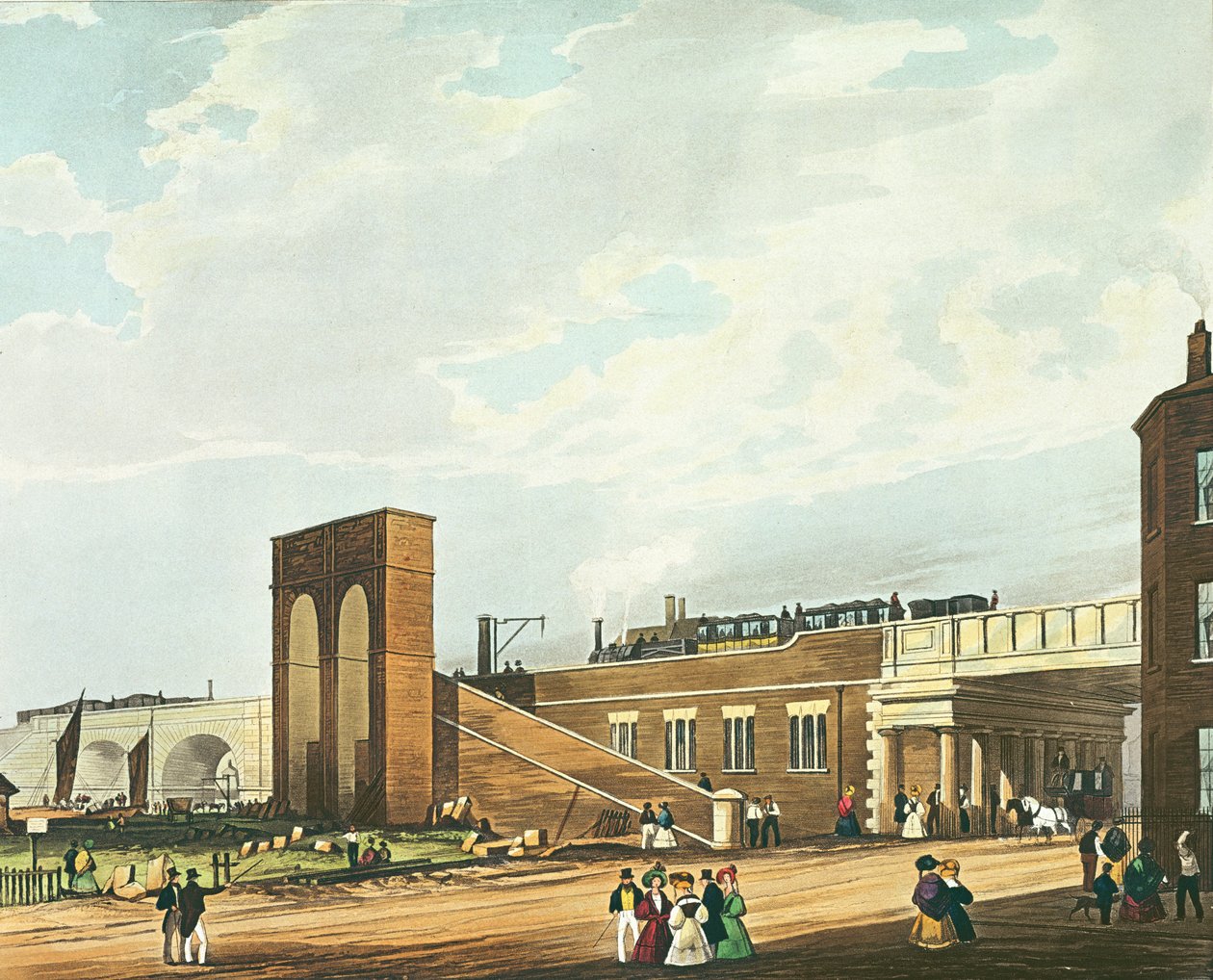मैनचेस्टर एक्रॉस वाटर स्ट्रीट में प्रवेश, हेनरी पायल (1795-1833) द्वारा उत्कीर्ण, एकरमैन und कंपनी, 1831 (रंगीन एक्वाटिंट) द्वारा प्रकाशित द्वारा थॉमस टैलबोट बरी