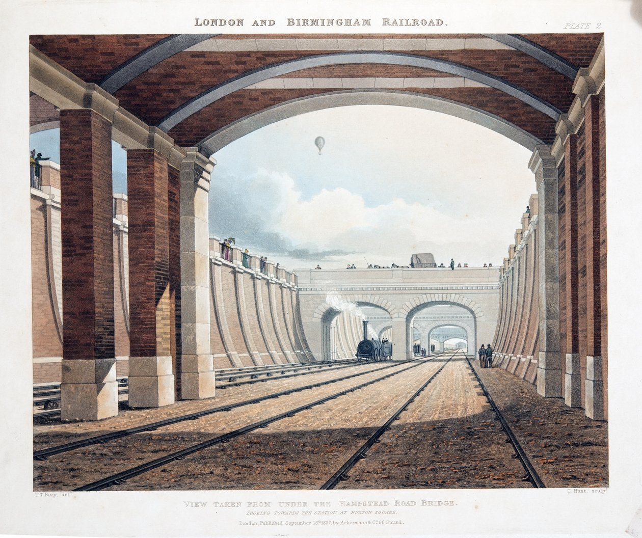 हेम्पस्टेड रोड ब्रिज के नीचे से देखा गया, जो Euston Square, 1837 में स्टेशन की ओर देख रहा है (हाथ से बने हुए चित्र) द्वारा थॉमस टैलबोट बरी
