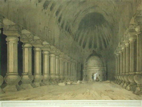 साल्सेट द्वीप पर एक उत्खनित हिंदू मंदिर का आंतरिक भाग, 'ओरिएंटल सीनरी: ट्वेंटी फोर व्यूज़ इन हिंदुस्तान' से प्लेट 63, प्रकाशित 1800 (कलर लिथो) द्वारा थॉमस और विलियम डेनियल