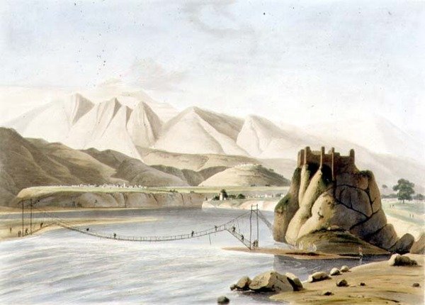 सिरिनागुर में रोप ब्रिज, 'ओरिएंटल सीनरी', पब के भाग 6 से प्लेट XXIII। 1805 (एक्वाटिंट) द्वारा थॉमस और विलियम डेनियल