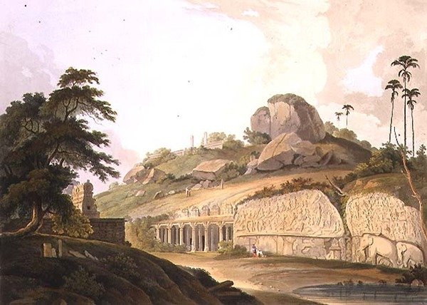 मावलीपुरम में एक खुदाई किए गए हिंदू मंदिर का प्रवेश द्वार, &39;ओरिएंटल सीनरी&39;, पब के भाग 3 से प्लेट II। १७९९ (एक्वाटिंट) द्वारा थॉमस और विलियम डेनियल