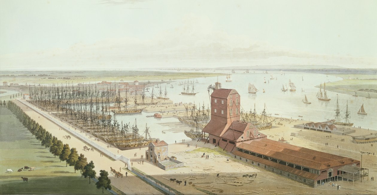 ब्लैकवेल में मास्ट हाउस और ब्रंसविक डॉक, 1803 (एक्वाटिंट) द्वारा थॉमस और विलियम डेनियल