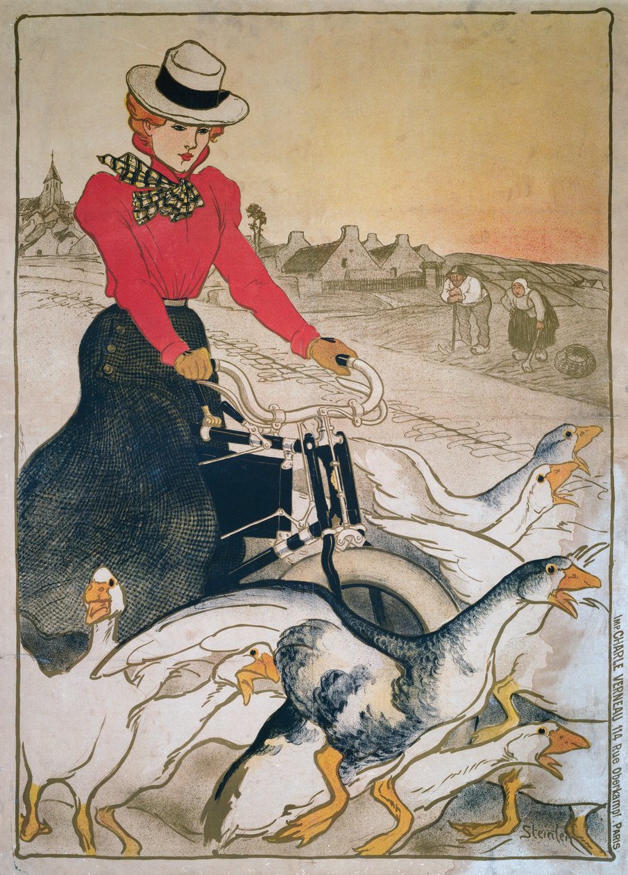 मोटर चालित velocipede और गीज़ के समूह पर महिला द्वारा थियोफाइल एलेक्जेंडर स्टीनलेन
