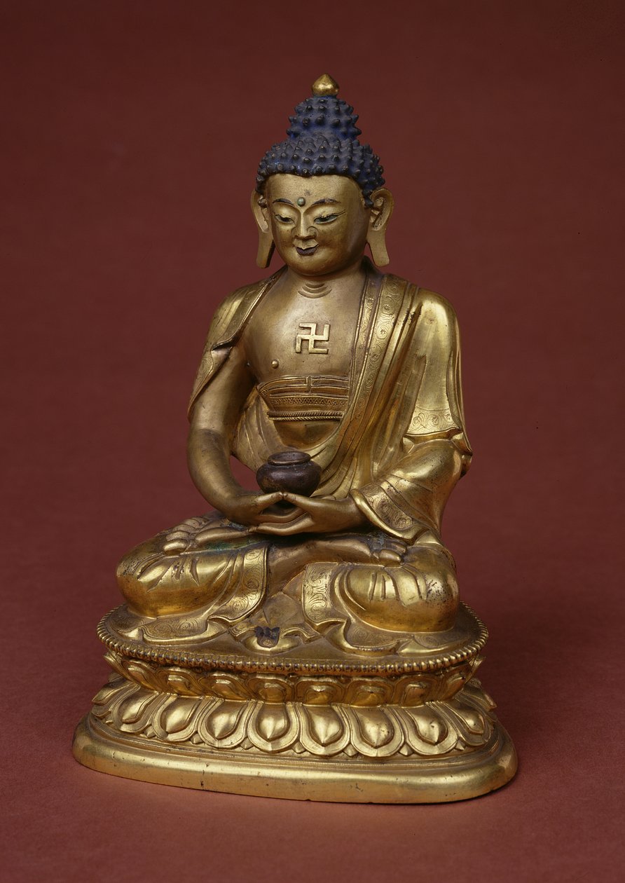 बुद्ध अमितायस ध्यान में बैठे अमृत (अमृता) को अपनी गोद (कांस्य) में धारण करते हैं द्वारा तिब्बती स्कूल