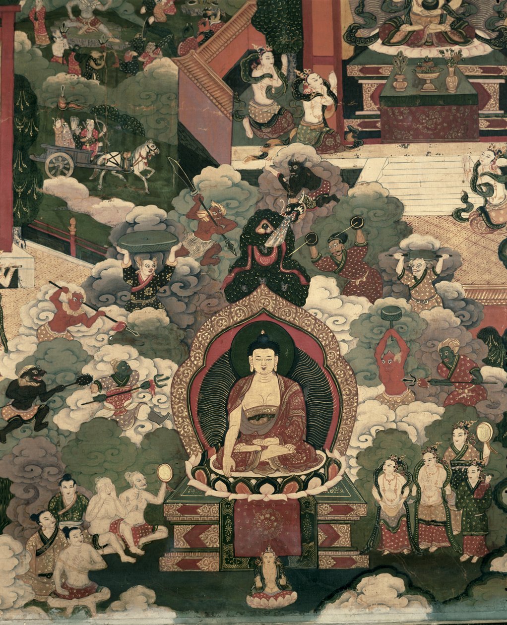बुद्ध शाक्यमुनि का जीवन, मारा की सेनाओं पर धन्य (रेशम पर पेंटिंग) द्वारा तिब्बती स्कूल