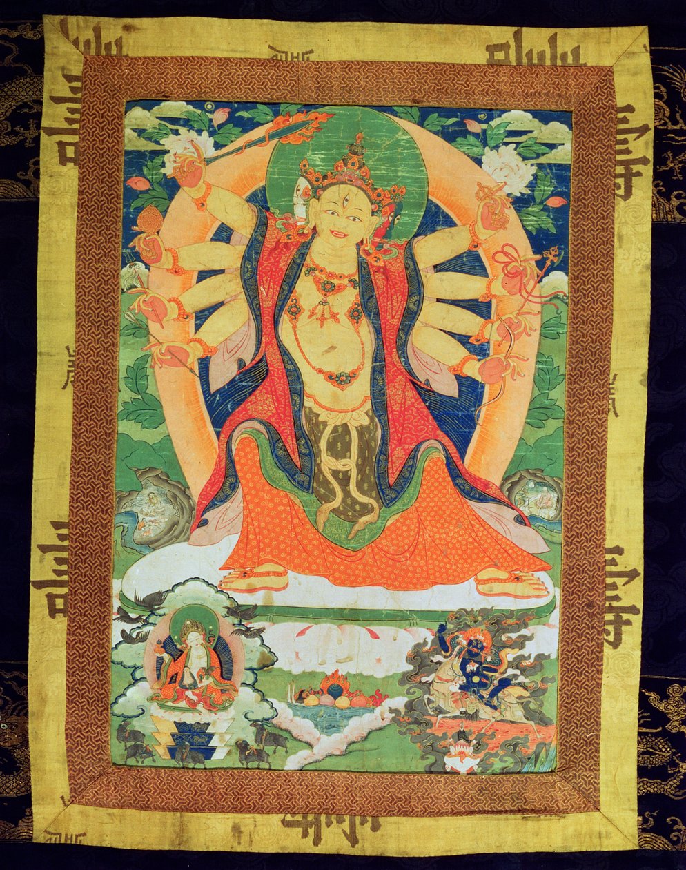 एक महिला धर्मपाल का चित्रण करते हुए थांगका चित्र, शायद लमू-सो-सोर्ज़-मा, बच्चों की देवी, 1750-1850 (कागज और रेशम) द्वारा तिब्बती स्कूल