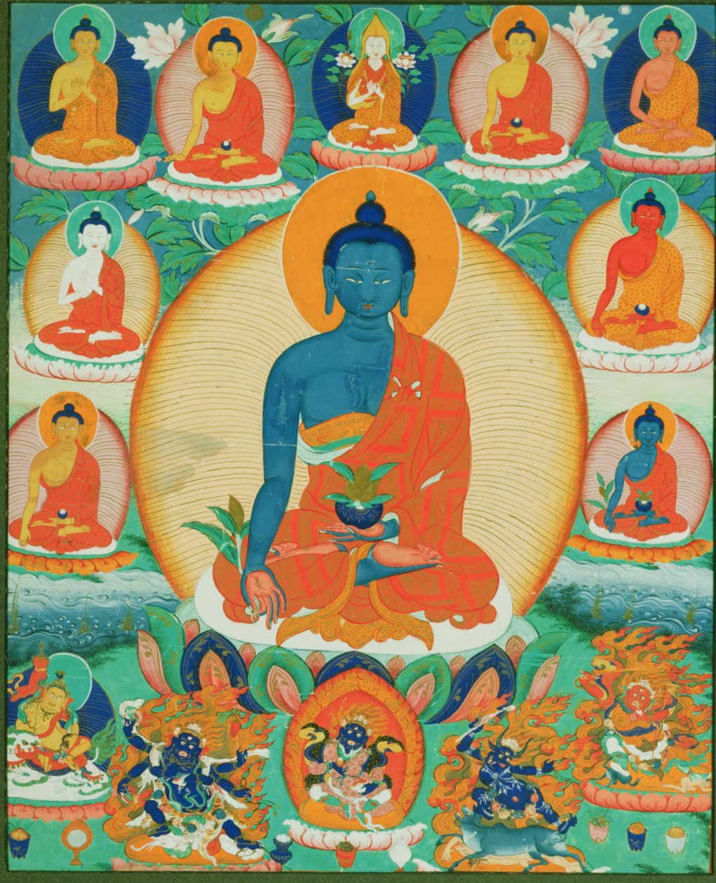 बैशाखीगुरु, मेनला के साथ सात अन्य मेडिसिन बुद्ध, 1780-1880 (पेपर) के साथ थंगका चित्र द्वारा तिब्बती स्कूल
