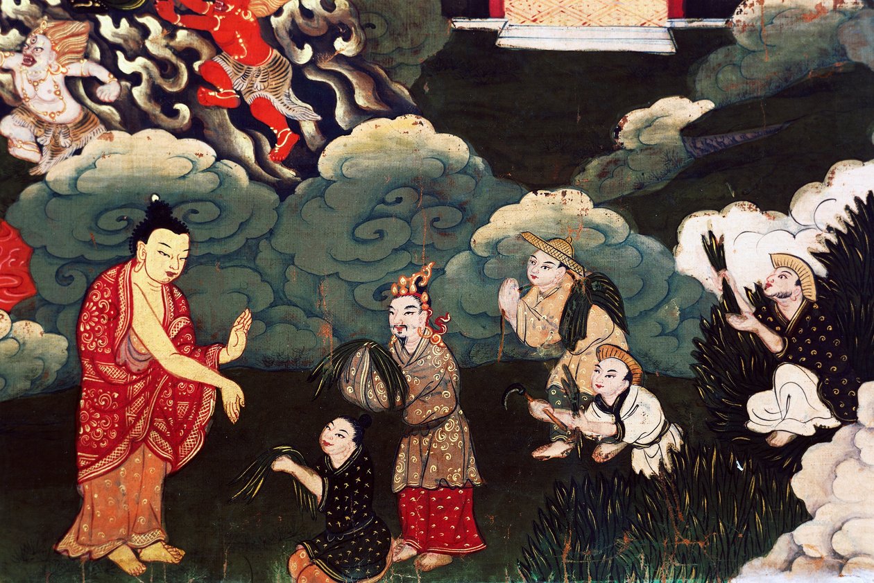 घास के गुच्छे चढ़ाते हुए, बुद्ध शाक्यमुनि के जीवन के दृश्य द्वारा तिब्बती स्कूल