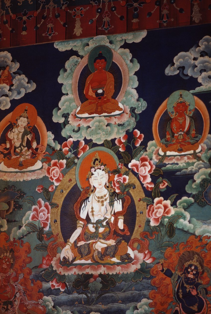 पोटाला पैलेस (यूनेस्को विश्व धरोहर स्थल) देवताओं को चित्रित करने वाली दीवार भित्ति चित्र द्वारा तिब्बती स्कूल