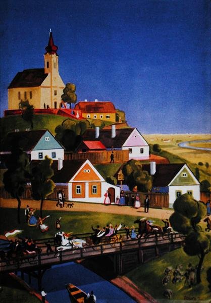ठेठ हंगेरियन गांव, एक पर्यटक विवरणिका से चित्रण, c.1930-40 (रंग लिथो) द्वारा तिबोर पोल्या