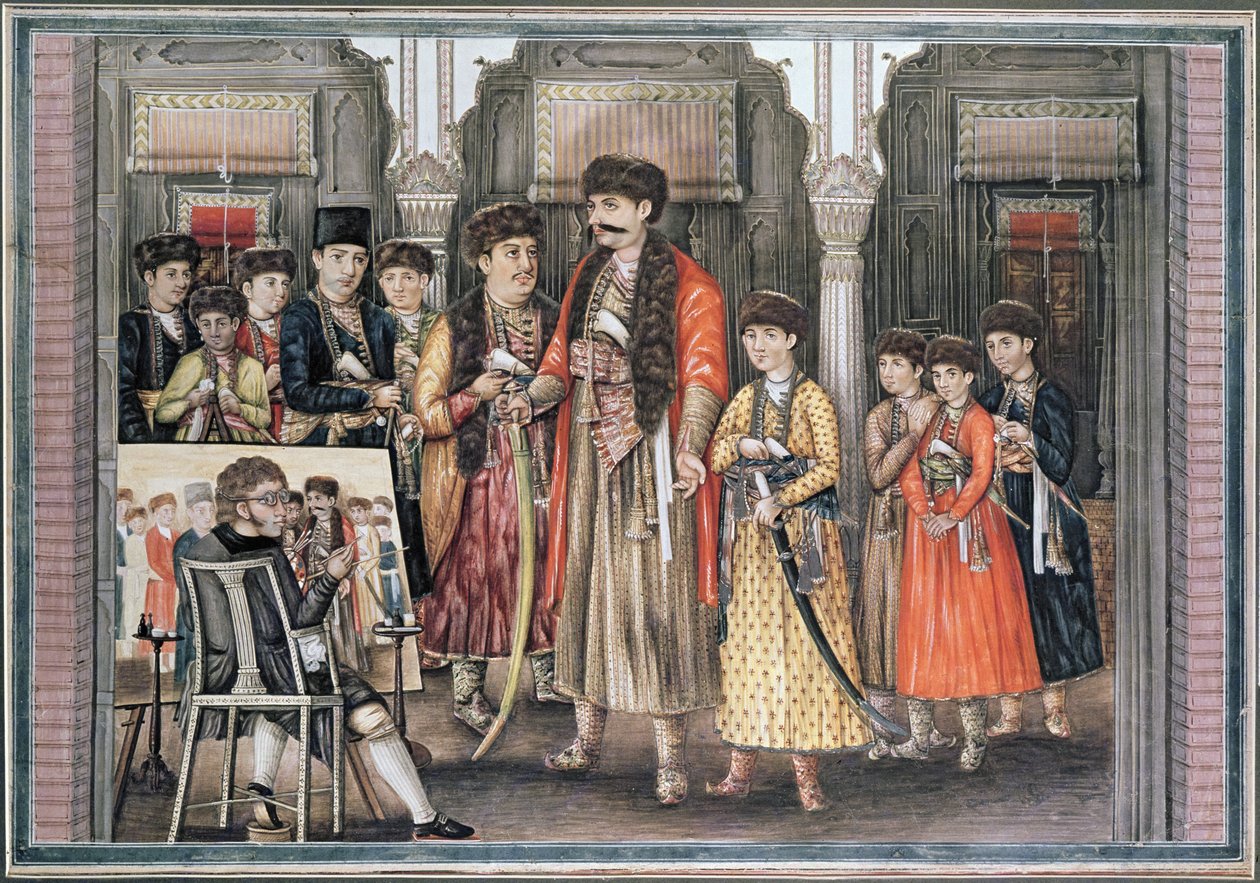 शुजा उद-दौला, अवध के नवाब (1754-75) और उनके टेन संस, पी। रेनॉल्ट द्वारा उत्कीर्ण, 1796 (रंगीन जलीय) द्वारा तिली केतली