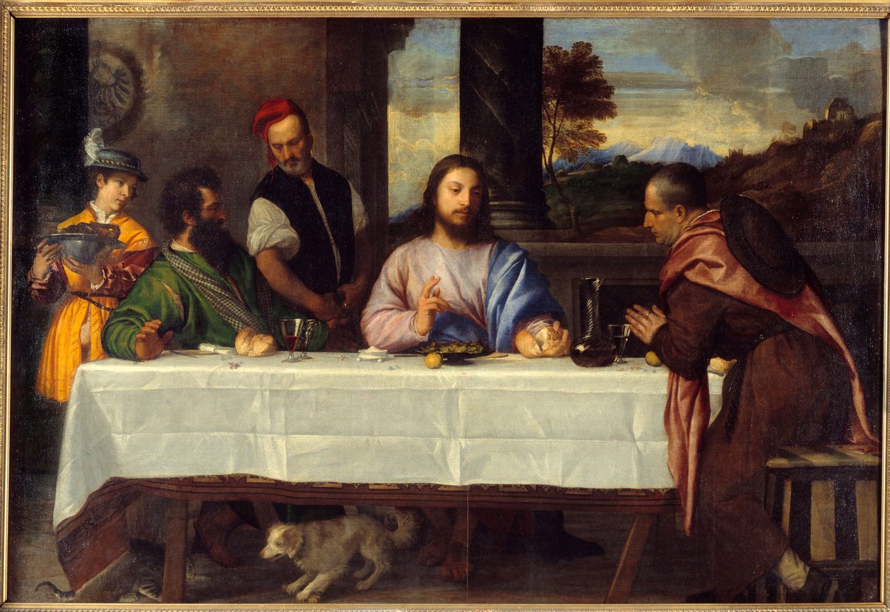 एम्मॉस में रात्रिभोज पेलेरिन के साथ यीशु से मिलें। Tiziano Vecellio dit le Titian (1485-1576) द्वारा 16वीं सदी के सूर्य की पेंटिंग। 1,69x2,44 वर्ग मीटर द्वारा टिटियन (c.1488-1576)