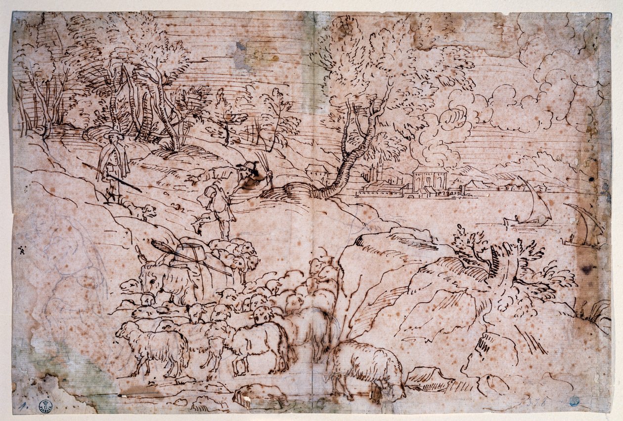 भेड़ के साथ परिदृश्य का अध्ययन द्वारा टिटियन (c.1488-1576)
