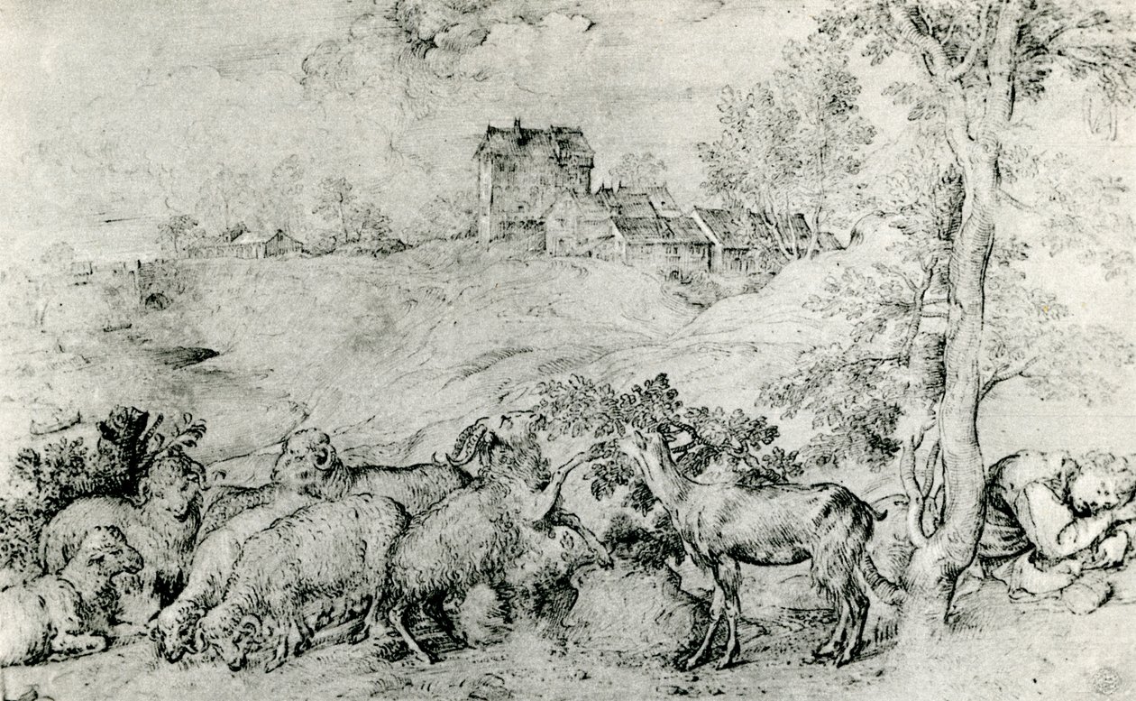 भेड़ के झुंड के साथ लैंडस्केप, c1520, 1937 द्वारा टिज़ियानो वेकेली