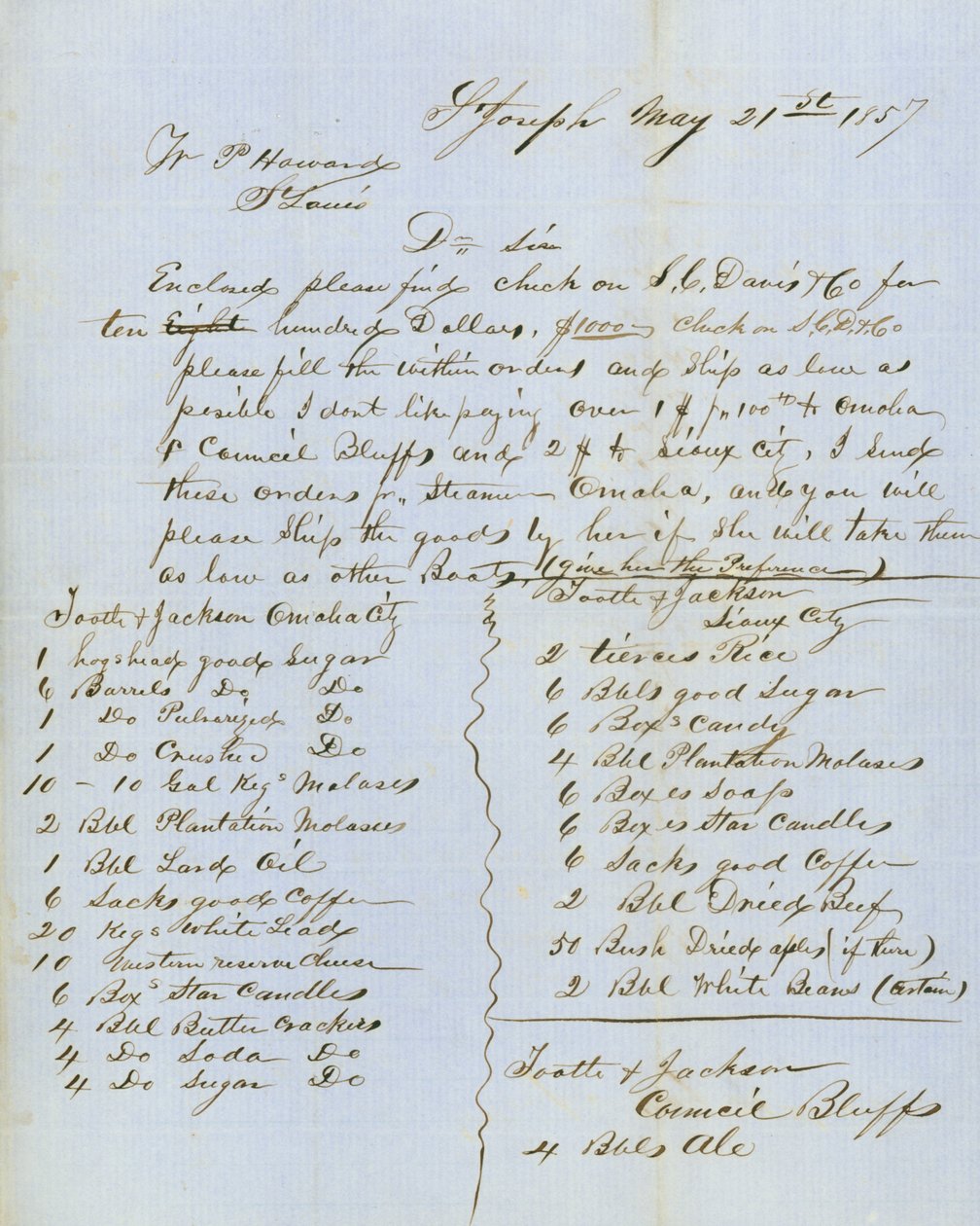डब्ल्यूपी हॉवर्ड, सेंट लुइस, 21 मई, 1857 को टोटल एंड जैक्सन, काउंसिल ब्लफ्स को पत्र पर हस्ताक्षर किए गए द्वारा टोटल और जैक्सन