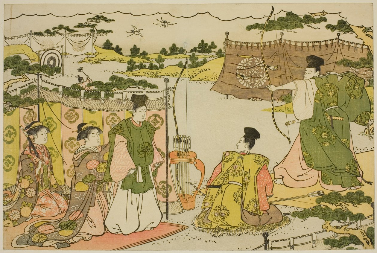 नए साल का पहला तीरंदाजी अभ्यास (युमी हाजीमे), सचित्र पुस्तक quot;कलर्स ऑफ द ट्रिपल डॉन (सैशिकी मित्सु नो असा)quot; से द्वारा तोरी कियोनगा
