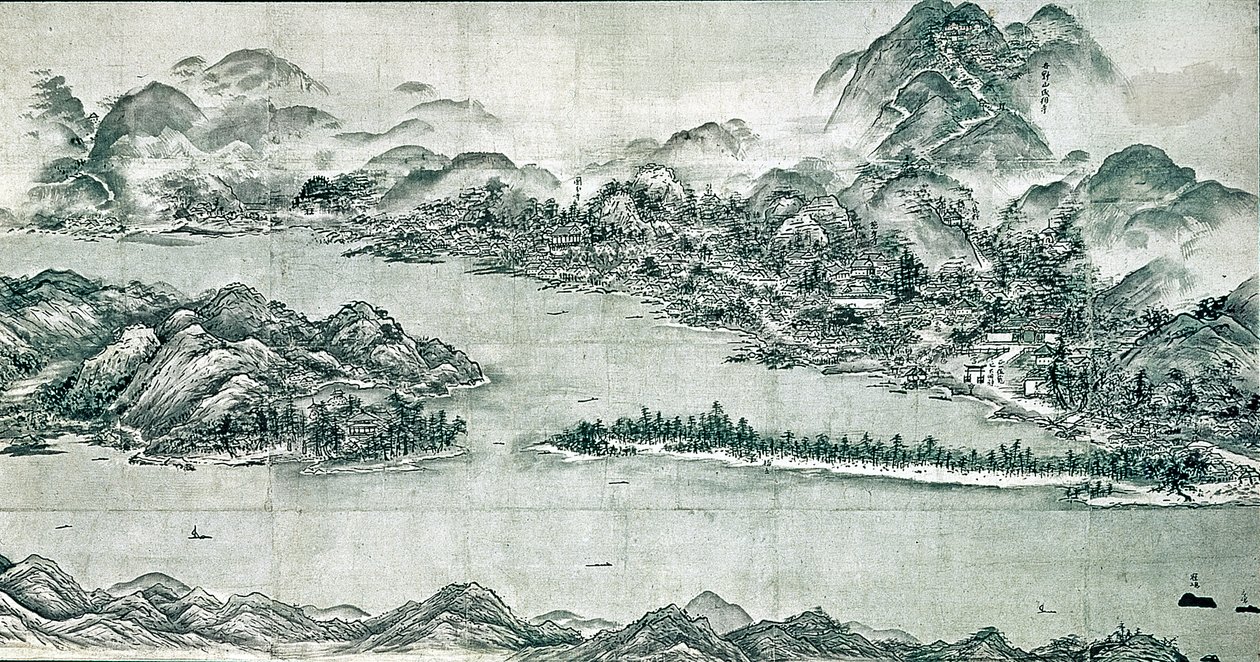 Ama-no-hashidate का दृश्य, c.1501-06 (कागज पर स्याही और हल्का रंग) द्वारा टोयो सेशु