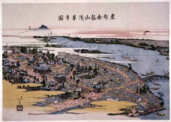 पूर्वी राजधानी (ईदो) में किन्रुज़ान सेंसो-जी मंदिर c.1820 (वुडब्लॉक प्रिंट) द्वारा टोयोटा होकेई