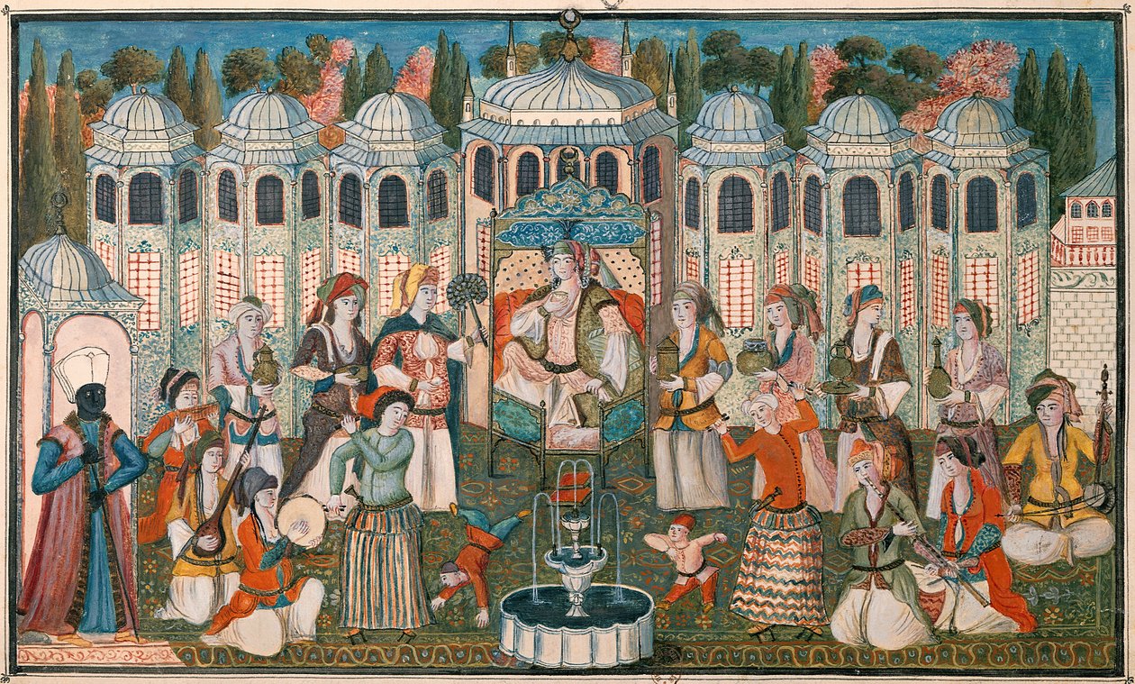 मैडम गिरार्डिन, फ्रांसीसी राजदूत (wc & gouache) की उपस्थिति के साथ वलीद सुल्ताना की दावत द्वारा तुर्की स्कूल