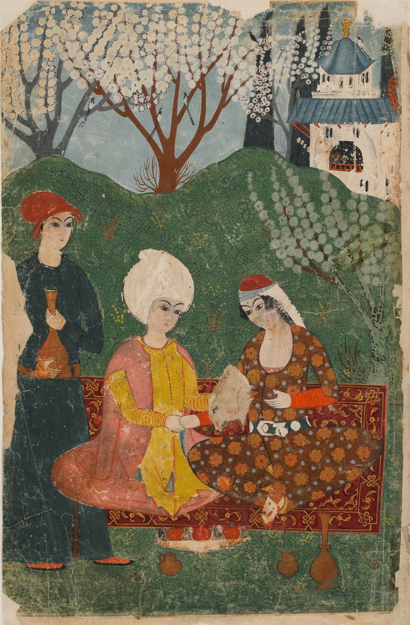 अज्ञात पाठ से फोलियो; रेक्टो: प्रिंस एंड प्रिंसेस कारपेट पर बैठा, इस्तांबुल, c.1700-25 (अपारदर्शी जल रंग, स्याही और कागज पर सोना) द्वारा तुर्की स्कूल