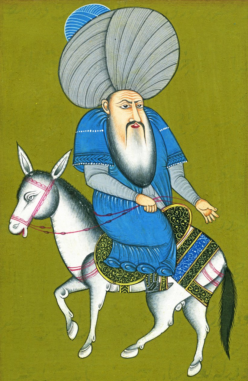 नसरुद्दीन होजा अपने घोड़े को पीछे की ओर घुमाते हुए (कागज पर पानी के रंग का) द्वारा तुर्की स्कूल