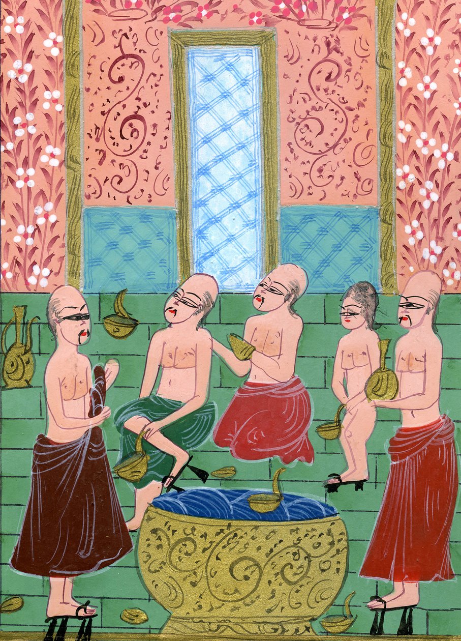 पुरुषों के हमाम के अंदर का दृश्य (कागज पर वाटर कलर और गोल्ड पाउडर) द्वारा तुर्की स्कूल