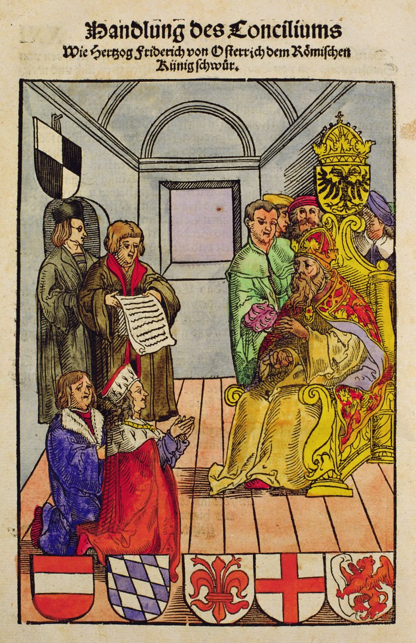 फ्रेडरिक IV, आस्ट्रिया के ड्यूक ने &39;क्रोनिक देस कोन्ज़िल्स वॉन कोन्स्टनज&39; से, कांस्टेंस कौंसिल में सम्राट के लिए अपनी ईर्ष्या की घोषणा की। द्वारा उलरिच वॉन रिचेंटल