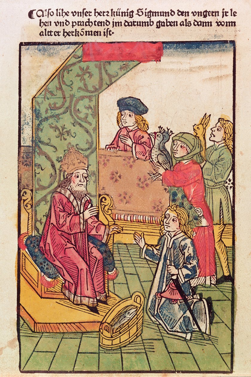 लक्समबर्ग के सम्राट सिगिस्मंड (1367-1437) को अपने हंगेरियन विषयों, 1483, (रंगीन लकड़बग्घे) की श्रद्धांजलि मिलती है (316982 भी देखें) द्वारा उलरिच वॉन रिचेंटल