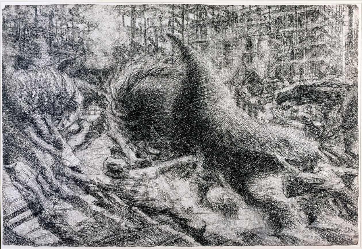 भविष्यवाद: "" ला सिट्टा चे डर्टी"" (आरोही शहर)। Umberto Boccioni (1882-1916) द्वारा कार्डबोर्ड पर आरेखण द्वारा अम्बर्टो बोकोनि