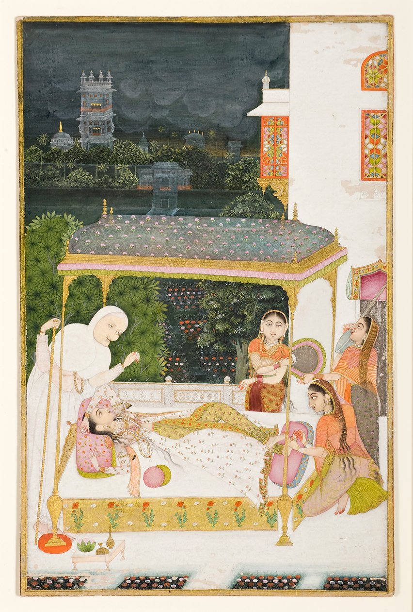 तूफानी रात में एक कैनोपीड बेड पर एक युवती ने अपने पैरों की मालिश की द्वारा अज्ञात अज्ञात