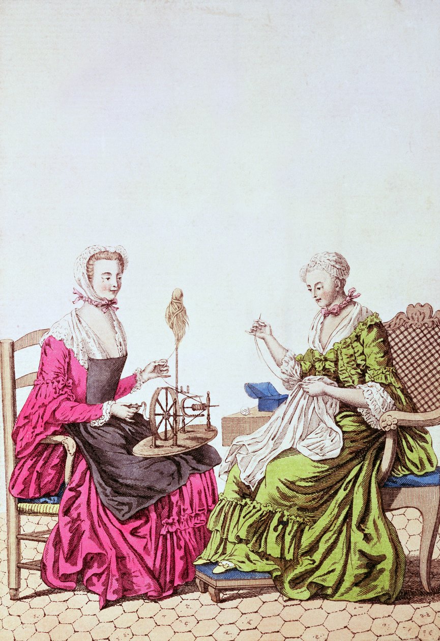महिलाओं की कताई और सिलाई, c.1765 (रंग उत्कीर्णन) द्वारा अज्ञात अज्ञात