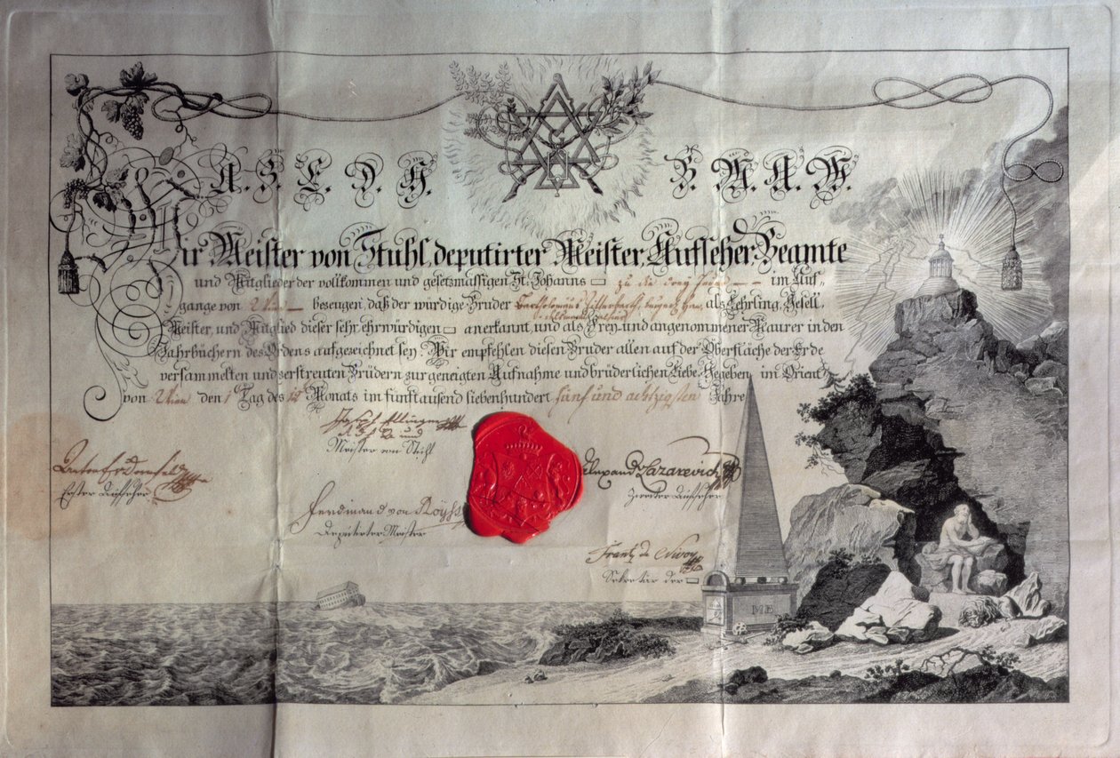 मेसोनिक प्रमाण पत्र, 1785 (कॉपरप्लेट उत्कीर्णन और सील) द्वारा अज्ञात अज्ञात